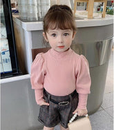 Toddler Baby Girl Basic Solid Color Turtleneck T Shirt Ribbed Knit Top Puff Long Sleeve Soft Cotton Clothes